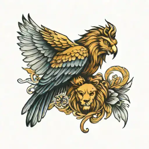 lion and eagle in style on arm with owl tattoo design idea