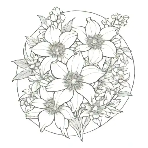 bouquet fine line, daffodil, marigold, chrysanthemum  tattoo design idea