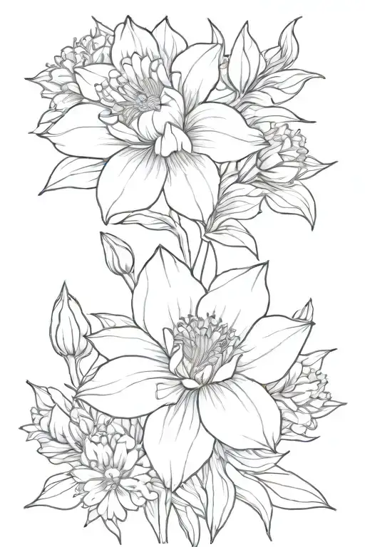 bouquet fine line daffodil, marigold, chrysanthemum  tattoo design idea