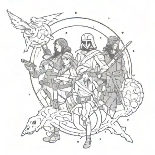 A sketch-style tattoo of a group of adventurers from Critical Role exploring a Star Wars-inspired galaxy tattoo design idea