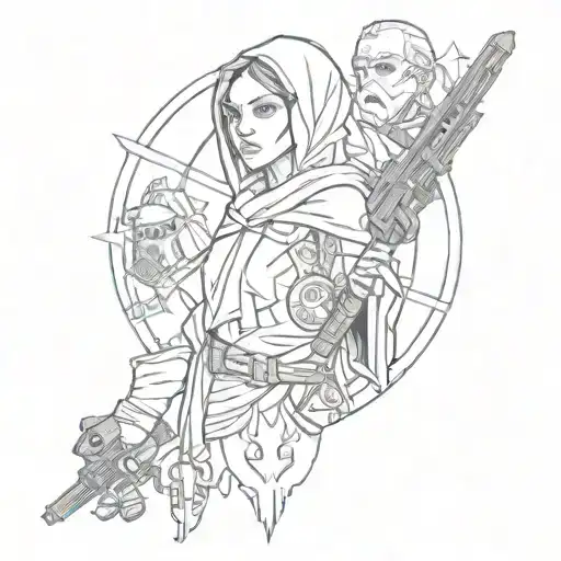 A mashup tattoo featuring elements from Star Wars, Warrior Nun, Critical Role, and The Last of Us tattoo design idea