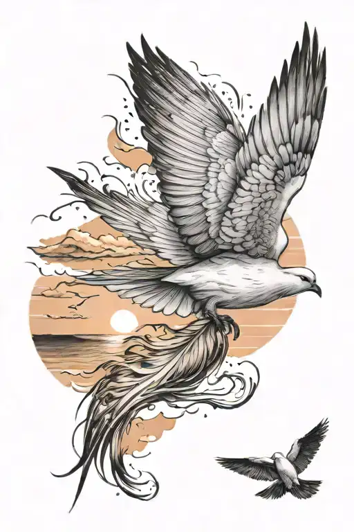 feather falling, dove flying away, sunset, sea waves crashing tattoo design idea