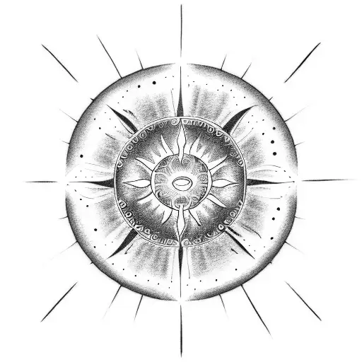 A dotwork tattoo of a stylized sun, radiating rays of light and warmth, representing positivity and energy. tattoo design idea