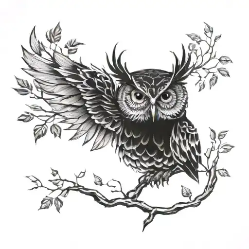 An intricate owl design intertwined with branches and leaves, symbolizing the connection between technology and nature tattoo design idea