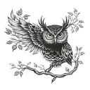 An intricate owl design intertwined with branches and leaves, symbolizing the connection between technology and nature tattoo design idea