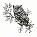 An intricate owl design intertwined with branches and leaves, symbolizing the connection between technology and nature tattoo design idea