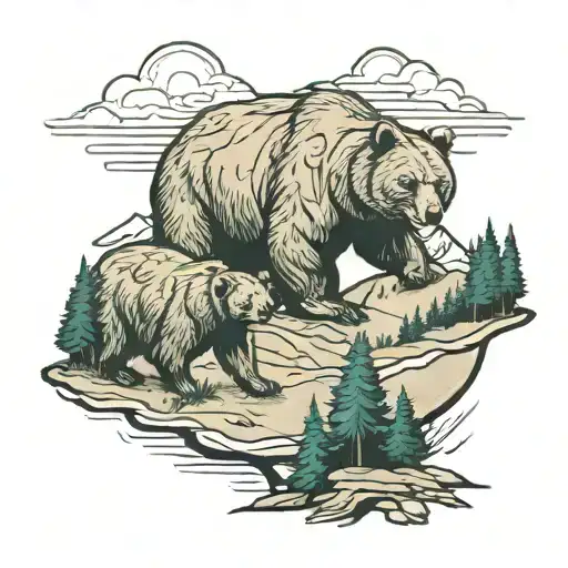 wilderness landscape inside bear outline with cub tattoo design idea