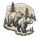wilderness landscape inside bear outline with cub tattoo design idea
