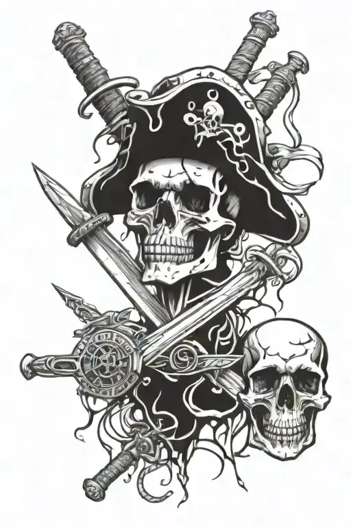 skull pirate sabers cross surrounded, money coins bleeding tattoo design idea