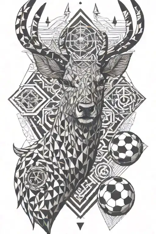 A geometric tattoo with a deer, fc barcelona logo and soccer in it tattoo design idea