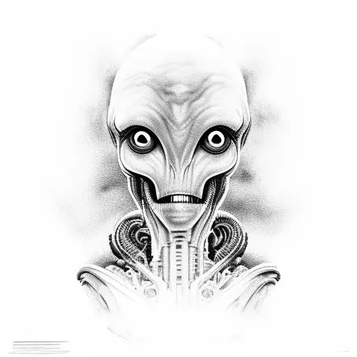A black and grey portrait of an alien admiring the beauty of space tattoo design idea
