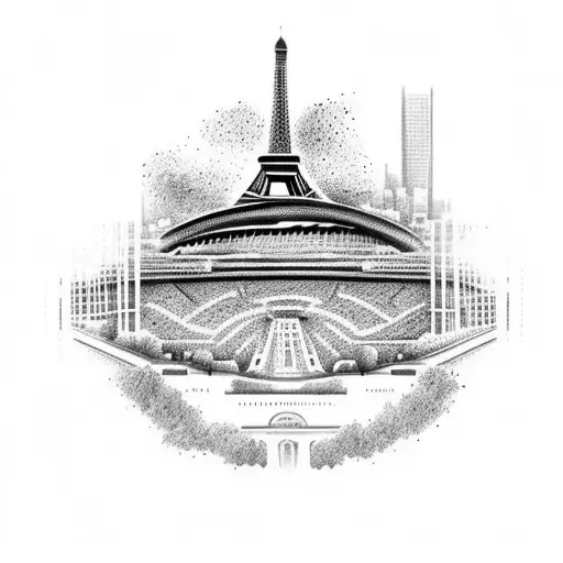 Create a dotwork tattoo showcasing the Parc des Princes stadium surrounded by a vibrant Parisian cityscape, with the Eiffel Tower in the background. tattoo design idea
