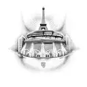 Create a dotwork tattoo showcasing the Parc des Princes stadium surrounded by a vibrant Parisian cityscape, with the Eiffel Tower in the background. tattoo design idea