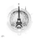 Create a dotwork tattoo showcasing the Parc des Princes stadium surrounded by a vibrant Parisian cityscape, with the Eiffel Tower in the background. tattoo design idea