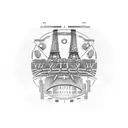 Create a dotwork tattoo showcasing the Parc des Princes stadium surrounded by a vibrant Parisian cityscape, with the Eiffel Tower in the background. tattoo design idea