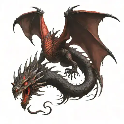 The dragon of ancient Valyria, the body is thin with a long neck, bright red color. Large webbed wings, razor-sharp, tee tattoo design idea