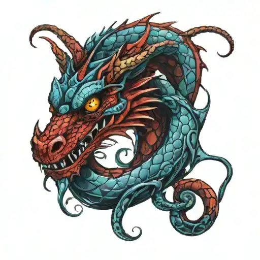 Red dragon with a long neck, blue eyes, reminiscent of a snake, evil tattoo design idea