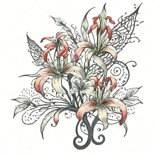 An intricate music note design with red spider lilies intertwined, inspired by anime aesthetics tattoo design idea