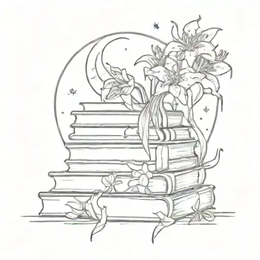 A stack of books with a moon and red spider lilies as bookmarks, symbolizing the client's love for reading and the night sky tattoo design idea