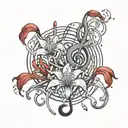 An intricate music note design with red spider lilies intertwined, inspired by anime aesthetics tattoo design idea