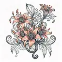 An intricate music note design with red spider lilies intertwined, inspired by anime aesthetics tattoo design idea