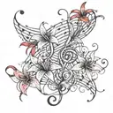 An intricate music note design with red spider lilies intertwined, inspired by anime aesthetics tattoo design idea