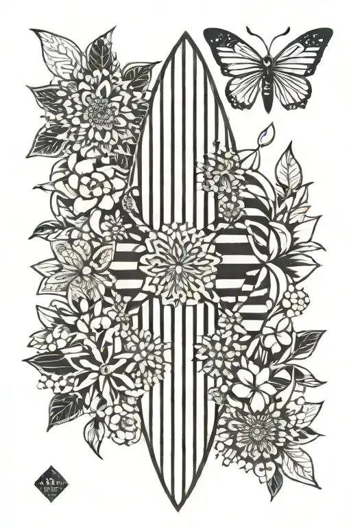 flower of live, surfboard, stripes  tattoo design idea
