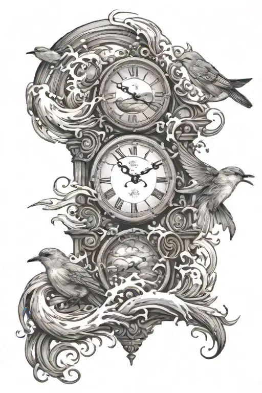 Clock time 5 past 7, sea waves, two birds in the sky tattoo design idea