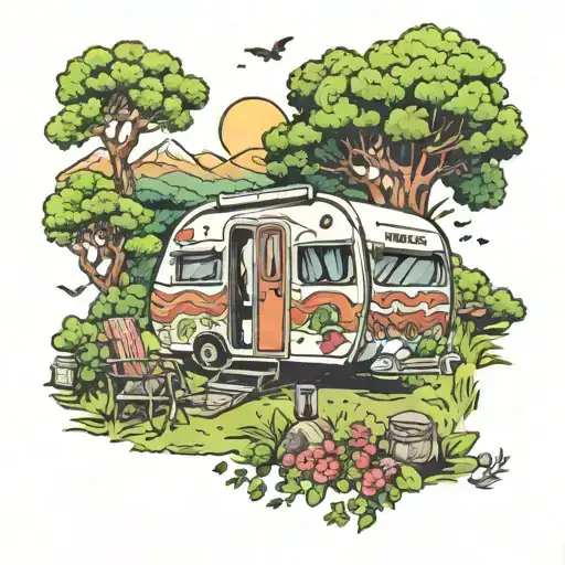Camping caravan Ireland surrounded by lush nature tattoo design idea