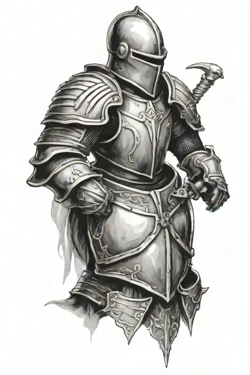 knight with full helmet and pauldrons exposed ribcage three quarters view tattoo design idea