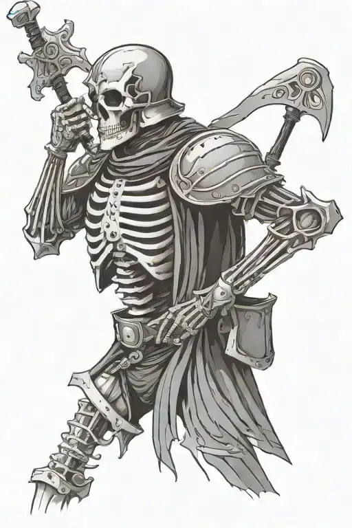 skeleton knight full helmet exposed ribcage pauldrons turned three quarters on tattoo design idea