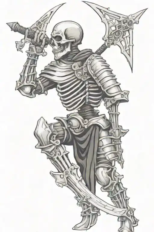 skeleton knight with full helmet and pauldrons exposed ribcage three quarters view tattoo design idea