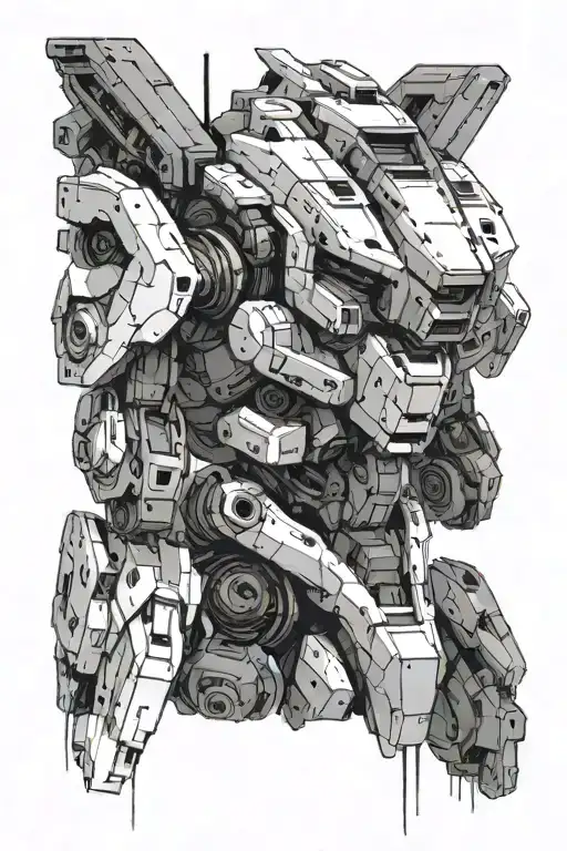 torso, head and arms of a mech inspired by armoured core white glint turned three quarters view Gundam Titanfall 2 tattoo design idea