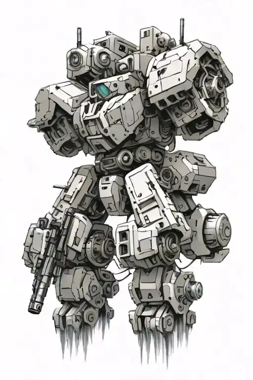 top half of a mech inspired by armoured core white glint turned three quarters view tattoo design idea