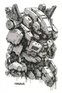 torso, head and arms of a mech inspired by armoured core white glint turned three quarters view Gundam Titanfall 2 tattoo design idea
