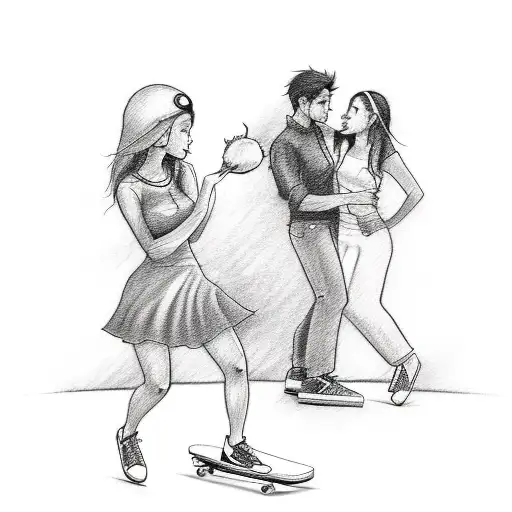 A sketch style tattoo of a romantic scene with a skater couple sharing an onion as their first kiss tattoo design idea