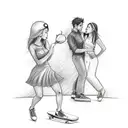 A sketch style tattoo of a romantic scene with a skater couple sharing an onion as their first kiss tattoo design idea