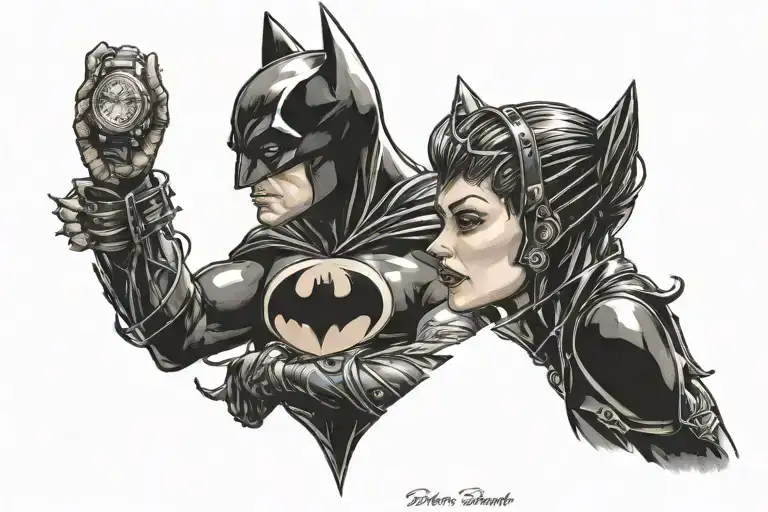 A tattoo of Batman proposing to Catwoman with an engagement ring, capturing a special moment between the two characters tattoo design idea