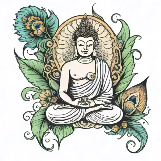 Buddha with peacock feather tattoo design idea