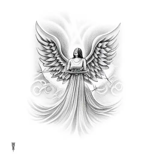 full sleeve tattoo of Angel looking up to the heavens with a dove flying towards heavens gates tattoo design idea