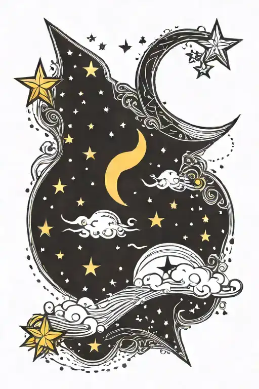 13 stars and moons in horizontal line with dots and fine line details tattoo design idea