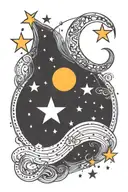 13 stars and moons in horizontal line with dots and fine line details tattoo design idea