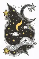 13 stars and moons in horizontal line with dots and fine line details tattoo design idea