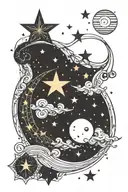 13 stars and moons in horizontal line with dots and fine line details tattoo design idea