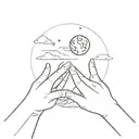 Hands holding moon and clouds tattoo design idea