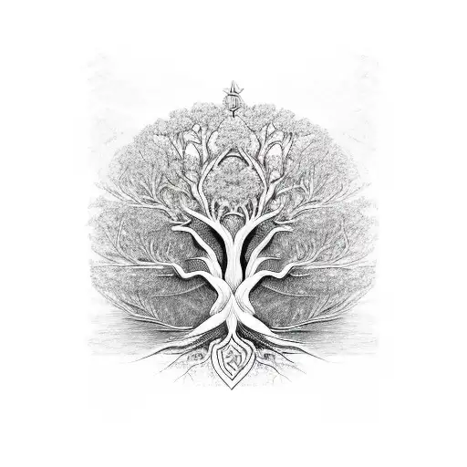 An intricate tree of life design with the roots spelling out 'live strong free' tattoo design idea
