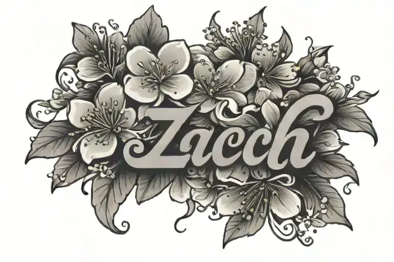 Zach name with  small cherry blossom flowers around it tattoo design idea