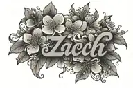Zach name with  small cherry blossom flowers around it tattoo design idea