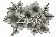 Zach name with  small cherry blossom flowers around it tattoo design idea
