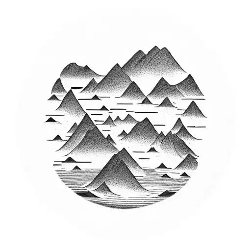 A majestic mountain range with a serene lake nestled at its base, surrounded by a fishing rod and carpentry tools tattoo design idea